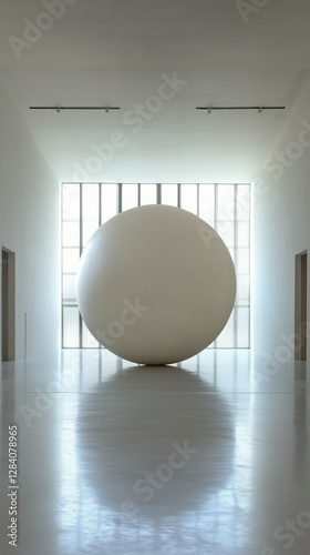 Bright Minimalist Interior Featuring a Large White Sphere in a Modern Archite...