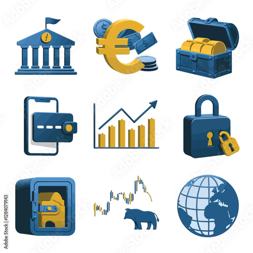 vector colorful economy trading graph cash money linked with curved dash line over the world bank 
