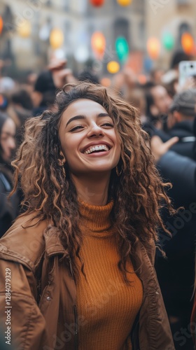 Happy Woman Smiling in a Crowded Street Festival During the Afternoon