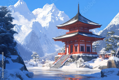 Traditional Japanese pagoda in a snowy landscape, tranquility