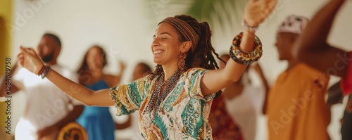 Joyful african female adult dancing in colorful traditional attire with friends