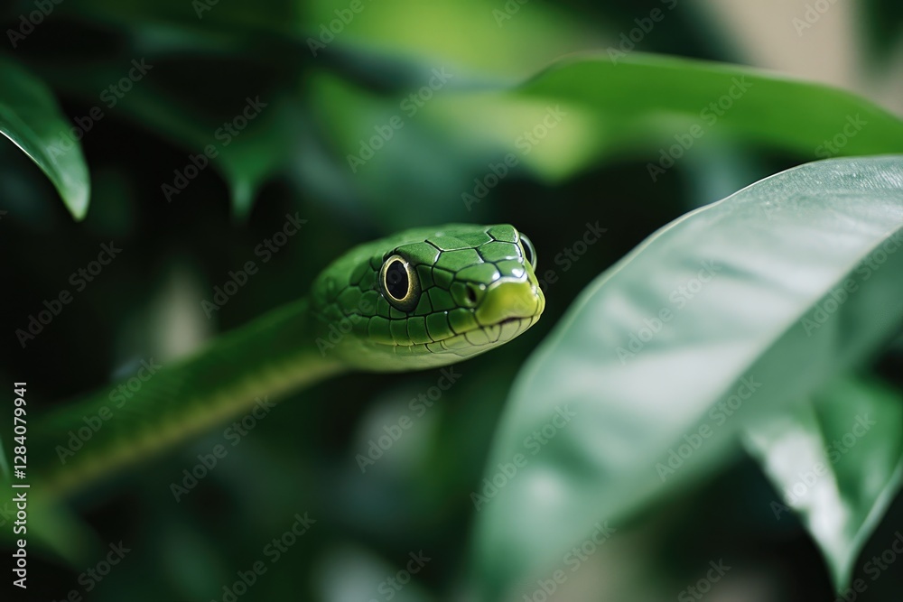 A curious green snake peers through lush green foliage and leaves A curious green snake peers through lush green foliage and leaves