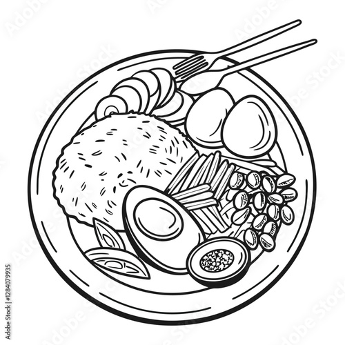 Very tasty food is placed on the plate coloring book page line art design