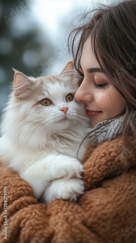 Warm Embrace Between a Woman and Her Fluffy Cat in a Winter Setting