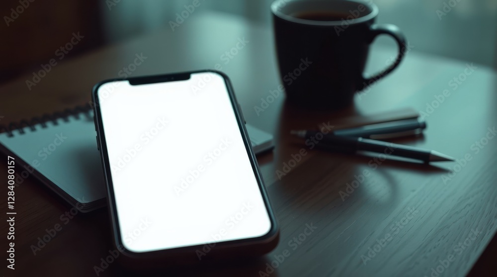 Desk scene featuring a phone with blank screen, notebook, coffee cup, and pens. Workspace ambiance. Desk scene featuring a phone with blank screen, notebook, coffee cup, and pens. Workspace ambiance.