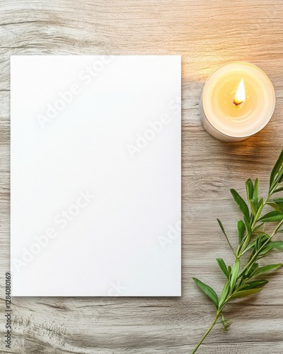 Minimalist funeral condolence card with candle and dried flowers, obituary announcement template for memorial tribute and respectful remembrance.