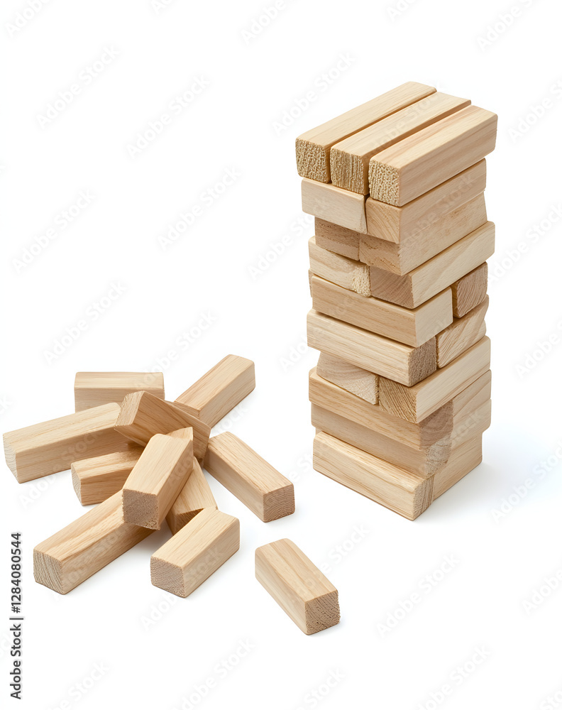 Wooden blocks of a Jenga tower game, isolated on a white background