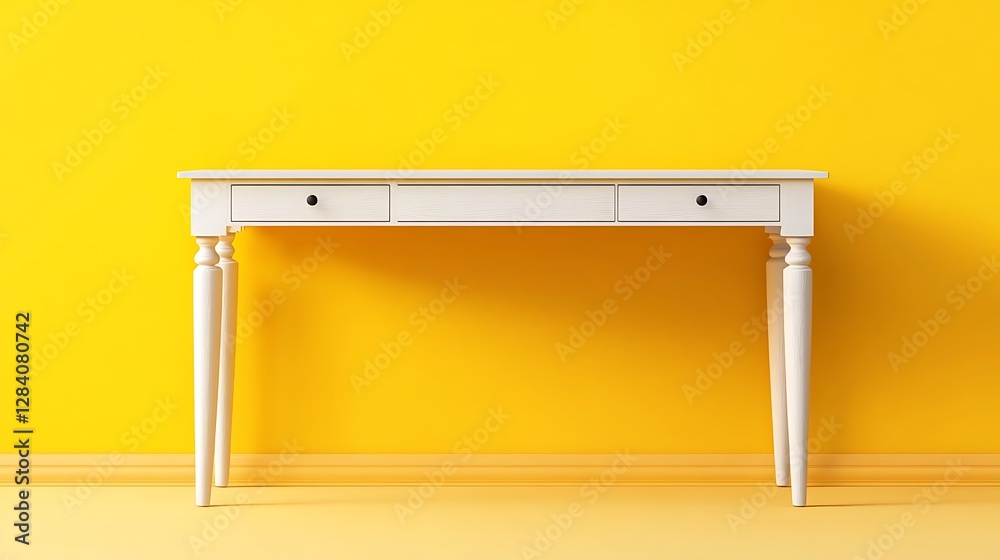 Obraz premium White Console Table Against Sunny Yellow Wall: 3D Render AI Generated