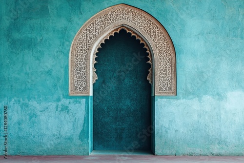 An arched doorway with decorative carvings in an aqua wall