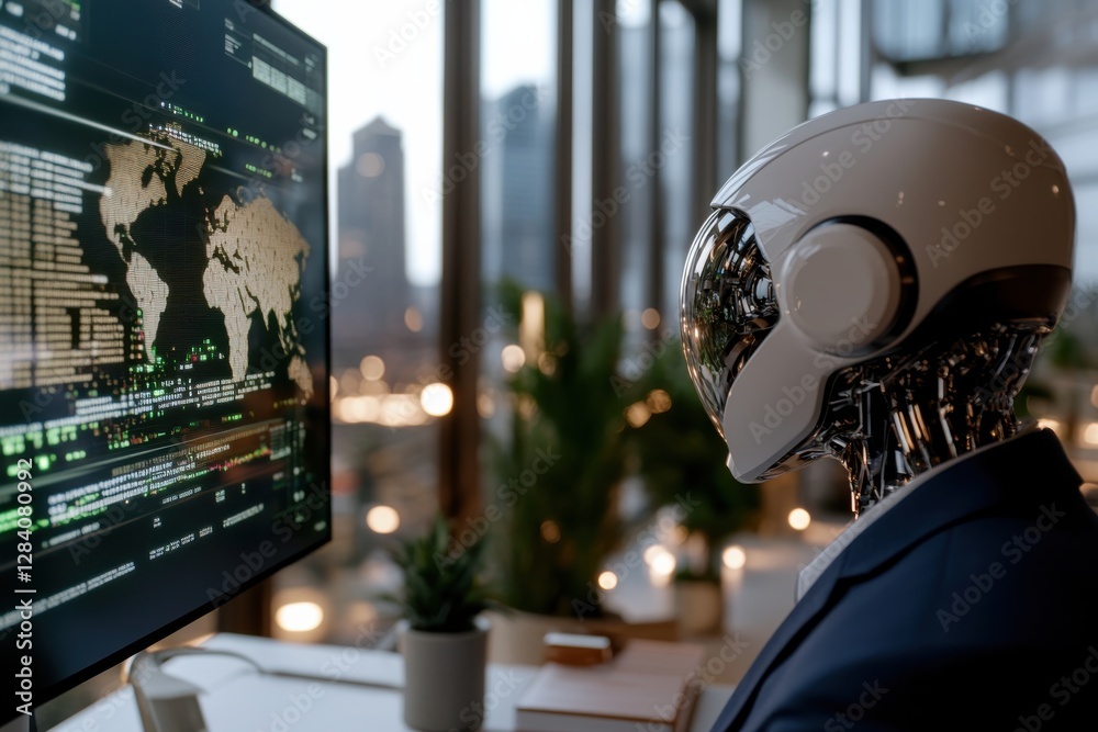 Fototapeta premium A humanoid robot with a sophisticated design examines intricate data visualizations on a sleek screen, representing the merging of automation and data analysis in high-tech environments.