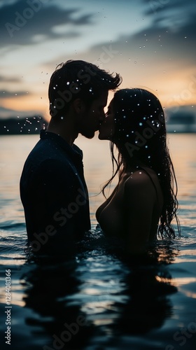 Couple Sharing a Romantic Moment in Water During Sunset