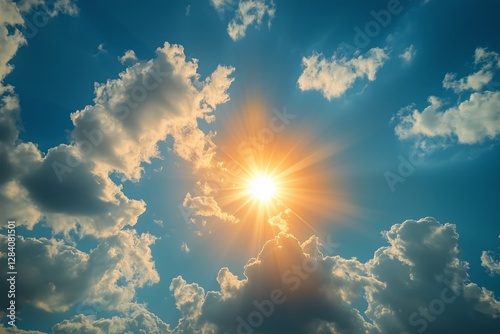 Bright Sun Illuminating Fluffy Clouds in a Vibrant Blue Sky During Midday