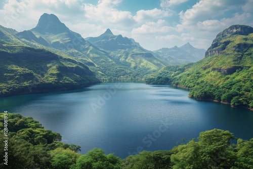 Beautiful Mountainous Landscape With a Serene Lake Under a Bright Sky During ...