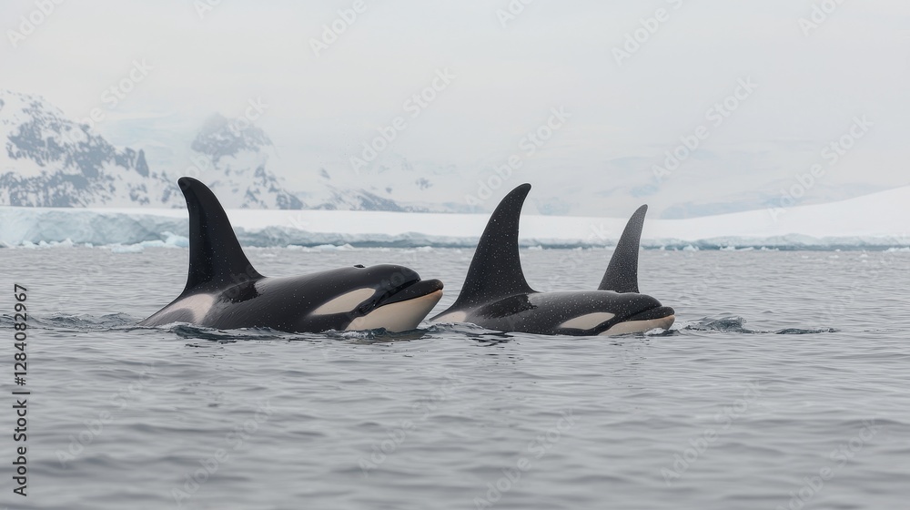 Fototapeta premium Orcas swimming in icy waters antarctica nature photography marine environment aerial perspective wildlife conservation