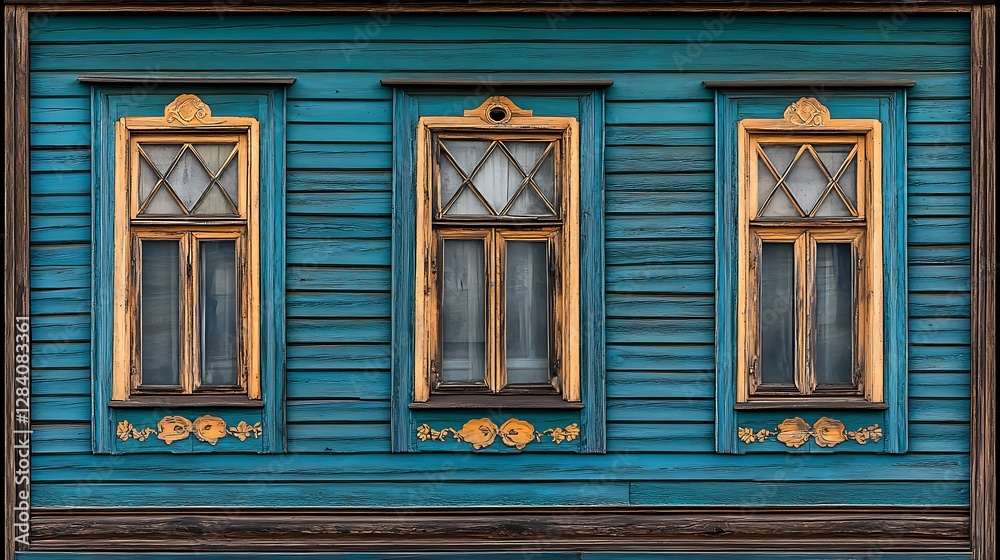 Fototapeta premium Teal Wooden House Exterior with Three Ornate Windows AI Generated
