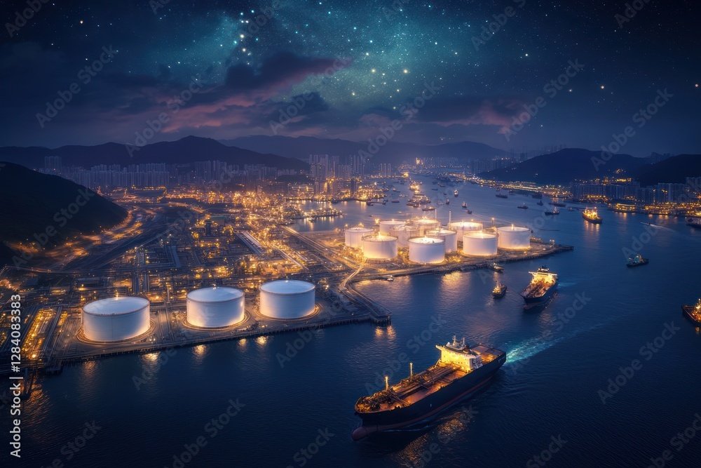 Nighttime oil refinery harbor, tankers, city skyline Nighttime oil refinery harbor, tankers, city skyline