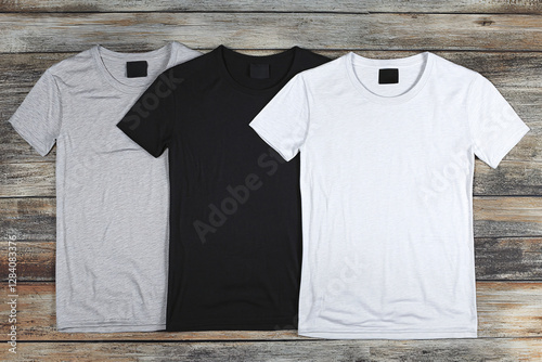 Blank t-shirts in black, white, and gray on wooden background.
