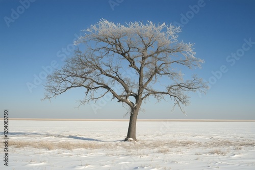 Frosty Tree Standing Alone in a Vast Snowy Field Under a Clear Blue Sky