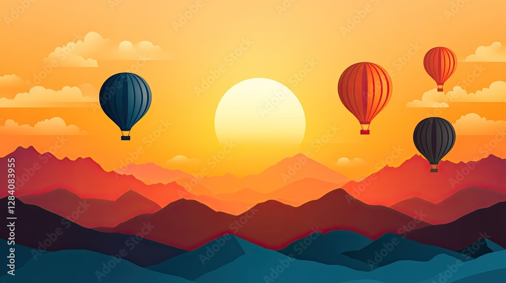 Obraz premium Hot air balloons float gracefully against a vibrant golden sunrise transforming the sky into a canvas of warm colors and serene silhouettes