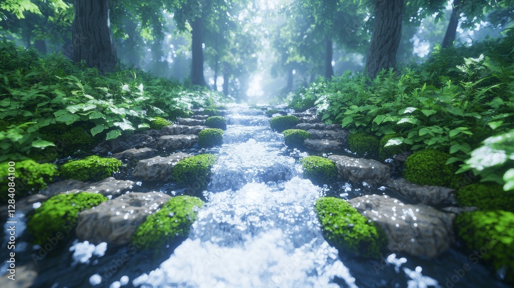 Flowing stream surrounded by lush greenery in a tranquil forest nature scene peaceful environment aesthetic view Flowing stream surrounded by lush greenery in a tranquil forest nature scene peaceful environment aesthetic view