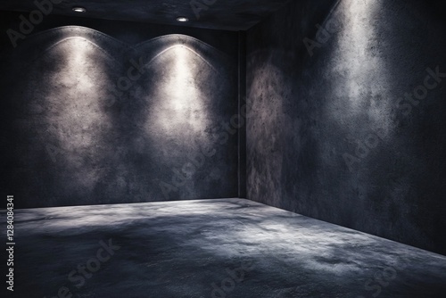Spotlight Illuminating Dark Concrete Room Corner, Industrial Interior Space with Texture, Light Beam Shining in Dim Cement Chamber Corner, Urban Interior Setting, Stark Design