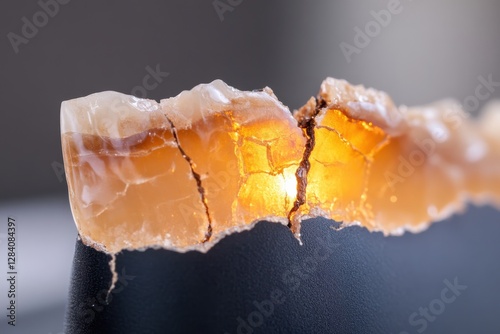 This image captures a unique piece of petrified material showcasing intricate cracks and a beautifully amber tone, representing the essence of nature's artistry and history. photo