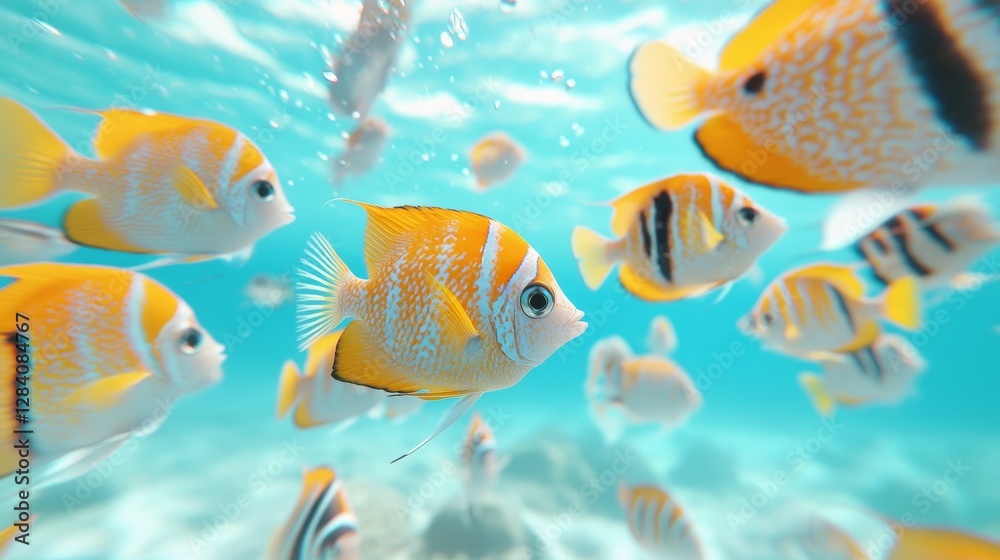 Naklejka premium Colorful tropical fish swimming in crystal clear waters underwater scene coral reef environment close-up view