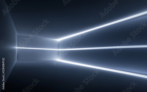 Illuminated Geometric Lines in Dark Room: Futuristic Abstract Design, Glowing Angular Stripes in Shadowy Space: Modern Conceptual Interior