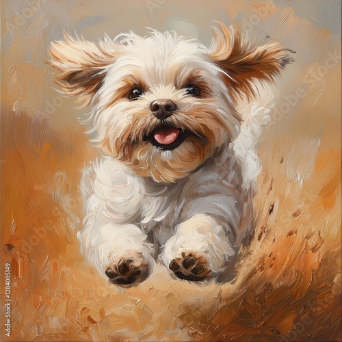 Playful dog running in sunny field joyful animal portrait outdoor close-up happiness and energy