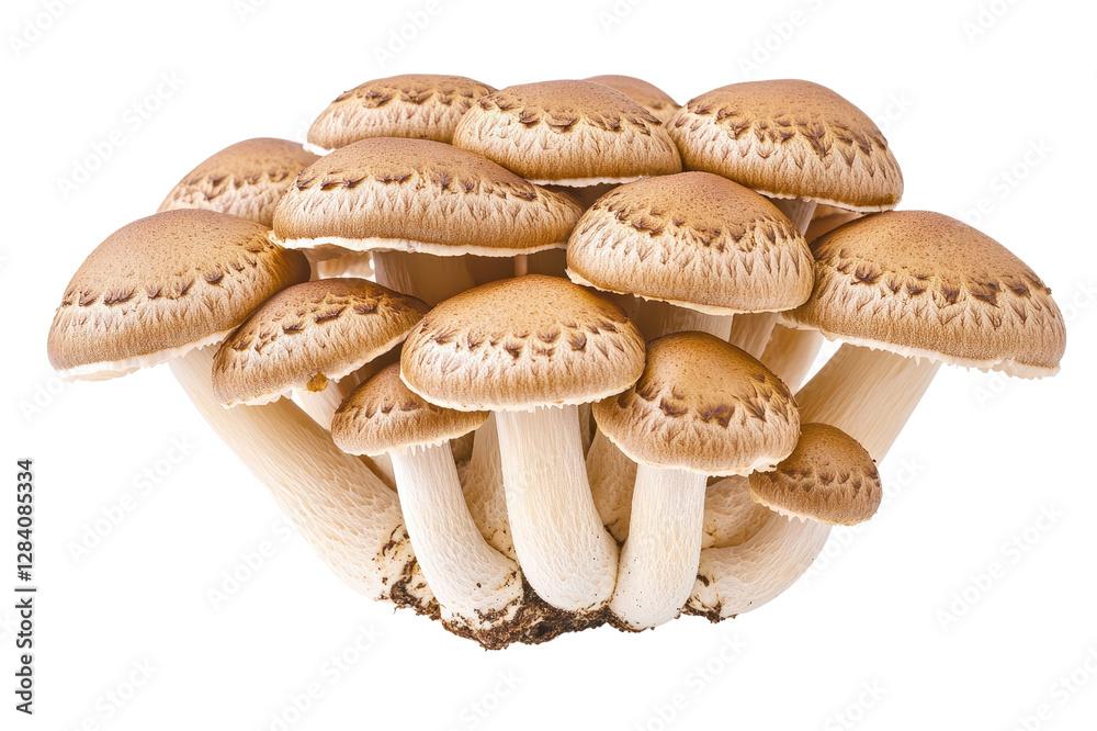 Detailed Close Up Of A Cluster Of Mushrooms With Brown Caps And White Stems Featuring Gourmet Ingredients In Nature And Forest Setting. Detailed Close Up Of A Cluster Of Mushrooms With Brown Caps And White Stems Featuring Gourmet Ingredients In Nature And Forest Setting.