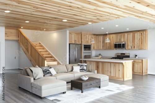 Inviting Open-Plan Home Interior with Wood Kitchen & Cozy Living Room in Modern Style, Relaxing Atmosphere, Warm Wood Kitchen & Lounge Area in Contemporary Residential Design, Comfortable Ambiance