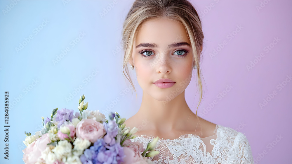 Bride, portrait, pastel background, wedding bouquet, bridal beauty Bride, portrait, pastel background, wedding bouquet, bridal beauty
