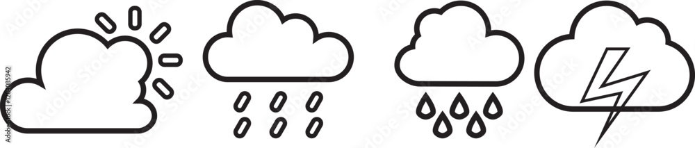 Weather line icons set. Sun, rain, thunder storm, dew, wind, snow cloud, night sky minimal vector illustrations. Simple flat outline signs for web, forecast app. Editable Strokes.