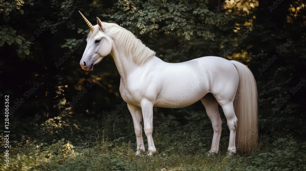 Majestic white unicorn standing in lush forest