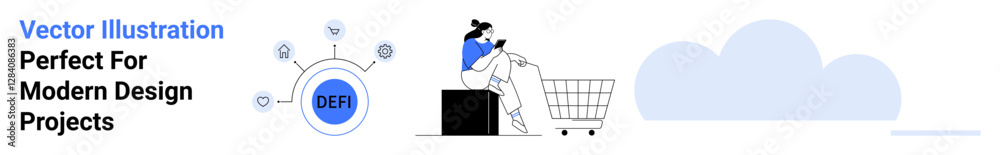 Woman on laptop beside a shopping cart, digital payment icon linking financial tech, abstract icons. Ideal for e-commerce, fintech, online shopping, digital marketing, cloud services, tech Woman on laptop beside a shopping cart, digital payment icon linking financial tech, abstract icons. Ideal for e-commerce, fintech, online shopping, digital marketing, cloud services, tech