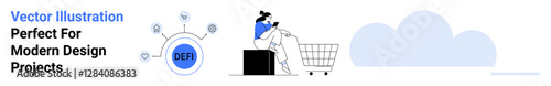 Woman on laptop beside a shopping cart, digital payment icon linking financial tech, abstract icons. Ideal for e-commerce, fintech, online shopping, digital marketing, cloud services, tech