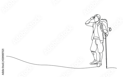 Continuous line drawing of travelers walking with backpacks and trekking poles. Travelers in simple outline illustration.