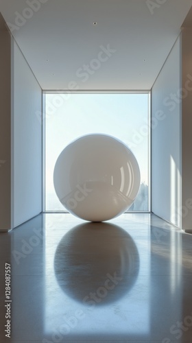 Bright Minimalist Interior Featuring a Large White Sphere in a Modern Archite...