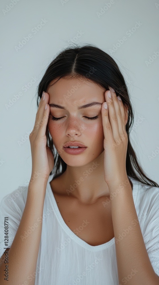 Distressed woman with closed eyes against minimalist white background Distressed woman with closed eyes against minimalist white background
