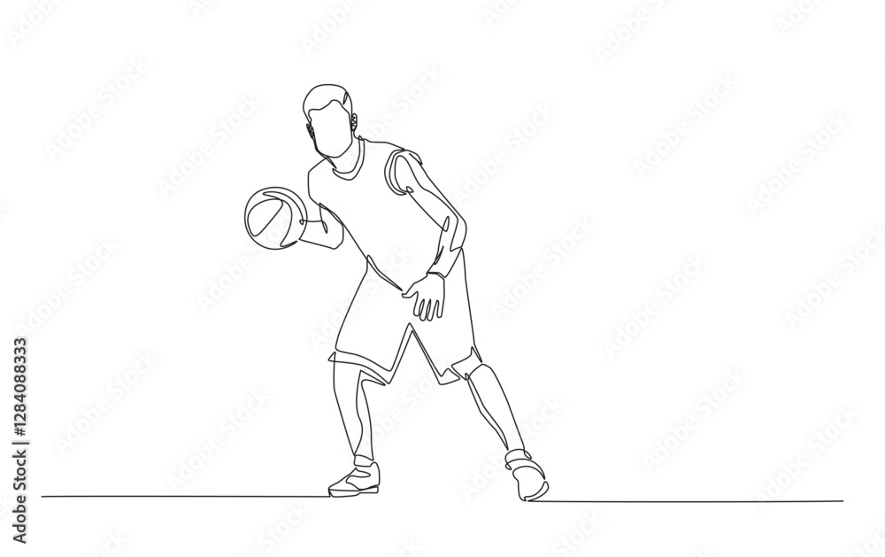 Continuous line drawing of basketball player in action. Basketball player in simple outline illustration. Continuous line drawing of basketball player in action. Basketball player in simple outline illustration.