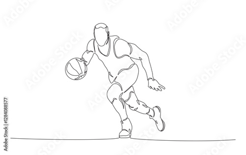 Continuous line drawing of basketball player in action. Basketball player in simple outline illustration.