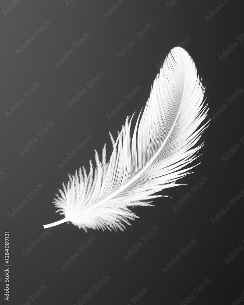 Obraz premium Elegant white feather on dark background symbolizing remembrance, spiritual tribute, and gentle condolence, perfect for memorial designs and sympathy messages