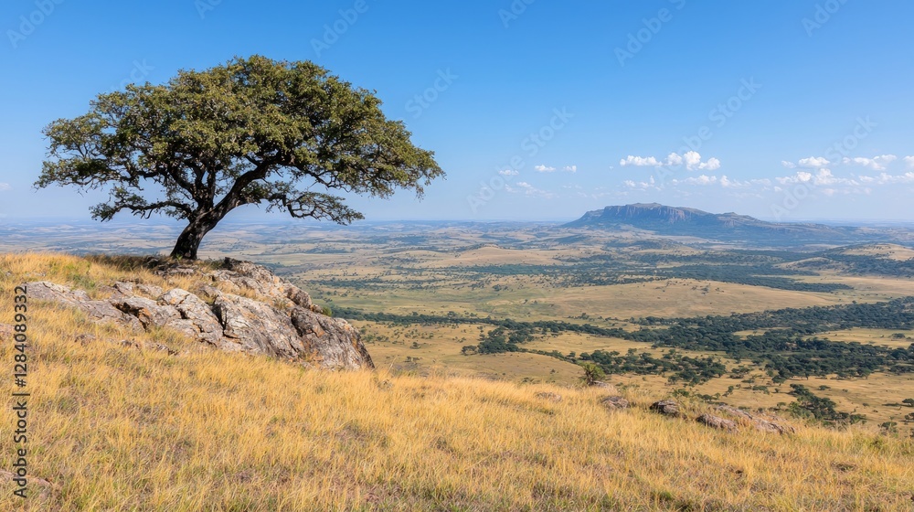 Isolated tree on a hilltop overlooking a vast landscape. Possible use Stock photo for nature, travel, or wilderness themes Isolated tree on a hilltop overlooking a vast landscape. Possible use Stock photo for nature, travel, or wilderness themes