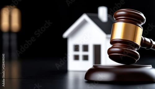 A gavel in front of a small house model symbolizes real estate law and property decisions in a legal context.