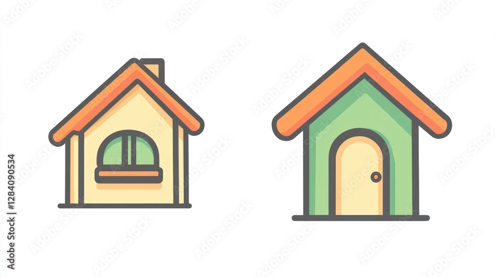 Two cartoon houses, simple design, white background, home illustration, website icon Two cartoon houses, simple design, white background, home illustration, website icon