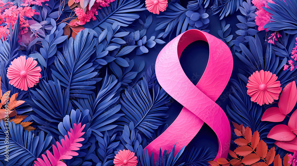 An artistic composition featuring the iconic pink ribbon symbol amidst a luxuriant garden of navy palm leaves and coral-pink floral elements