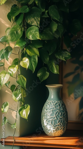 Sunlight Filtering Through Leaves Illuminating a Vase on a Wooden Shelf in a ...