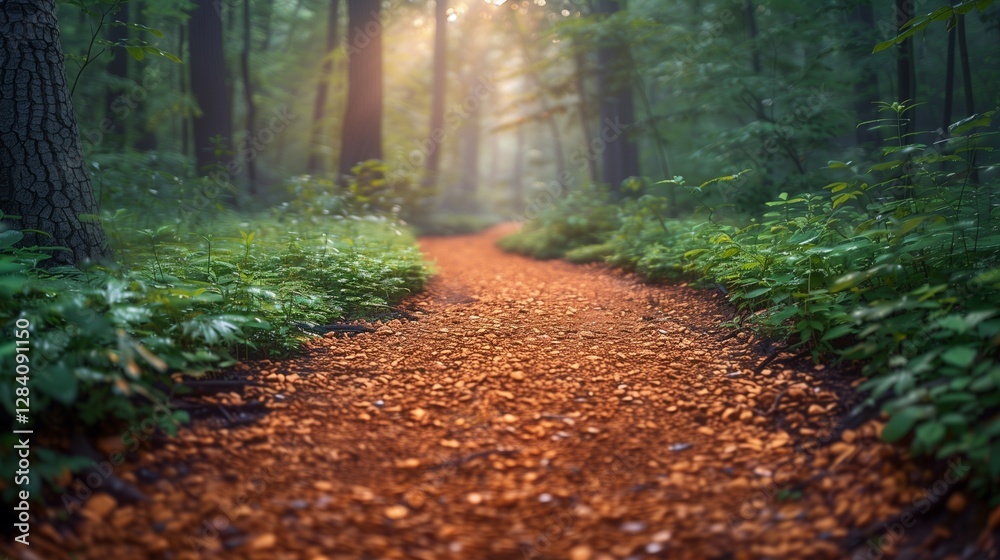 Obraz premium A winding path through a lush green forest bathed in soft sunlight with fallen leaves creating a tranquil and mystical atmosphere