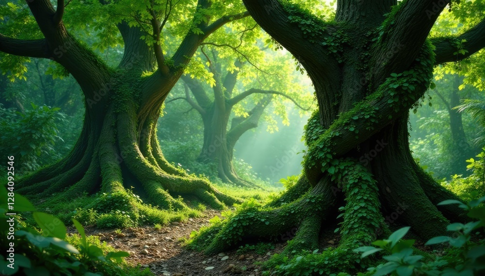 Fototapeta premium Twisted vines wrapped around ancient tree trunks, greenery, overgrown