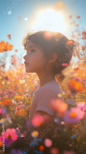 Child Enjoys a Sunny Moment Among Colorful Flowers in a Vibrant Field During ...